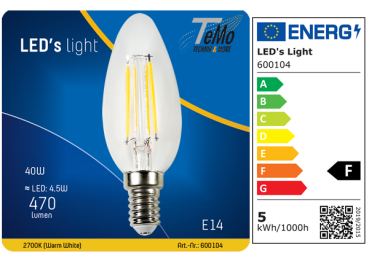 1 STÜCK (VPE) SHADA LED Kerze E14 470lm 4.5W, warmweiss 2700K, C35 klar, EEC: F (0600104)